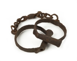 LEG IRONS, unearthed relic condition Darby style screw key example, 19th century, 46cm wide