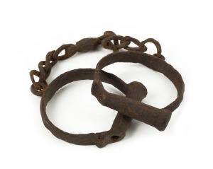 LEG IRONS, unearthed relic condition Darby style screw key example, 19th century, ​​​​​​​46cm wide