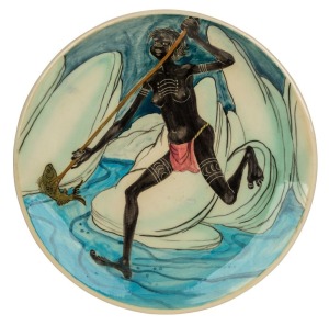 MARTIN BOYD pottery plate with unusual hand-painted decoration of an Aboriginal woman spearing a fish, incised "Martin Boyd, Australia", ​​​​​​​27cm diameter