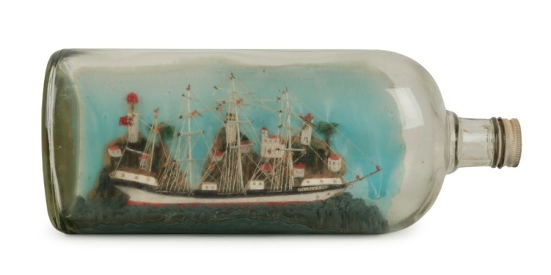 A vintage ship in a bottle titled "MELBOURNE", ​​​​​​​27cm long