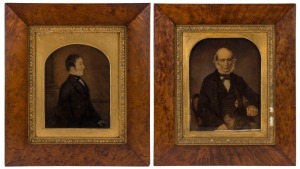 ALFRED BOCK pair of early senotype portraits in original Tasmanian musk frames, 19th century, both bearing original green paper labels verso. One sitter identified as Dr. WILLIAM HENWOOD of Huntingfield, Tasmania. ​​​​​​​41 x 36cm each overall