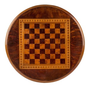 An Australian Exhibition specimen timber chess board table-top, flame cedar and huon pine with parquetry banding, circa 1890, 60cm diameter