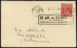 30 Nov.1929 (AAMC.145) Streaky Bay - Kyancutta - Adelaide cover, flown for Eyre Peninsula Airways (with special vignette on yellow stock on reverse); rectangular cachet tieing 1&frac12;d KGV.