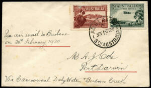 14 Feb.1930 Adelaide - Darwin cover (25/3 arrival b/stamp) flown by AAS from Adelaide to Sydney, then by ANA to Brisbane, by Qantas to Camooweal, AAS to Daly Waters and from there by surface to Darwin. An 11 day transit.