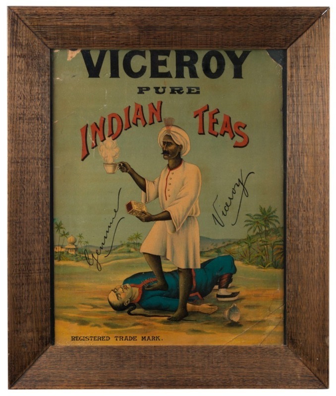 "VICEROY PURE INDIAN TEAS" (Wilkinson & Co. Australia) chromolithograph point of sale advertising poster depicting an Indian man proudly displaying his wares over the body of a Chinese man, 19th century, 49.5 x 38cm, 63 x 53cm overall