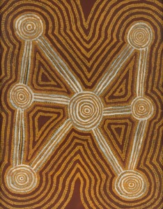 ADRIAN TJUPURRULA (Aboriginal), Kaakaratintja (Lake MacDonald), synthetic polymer paint on board, 45 x 35cm. Artist's statement and gallery number [AT860740] verso. Provenance: The Joyce Evans estate.