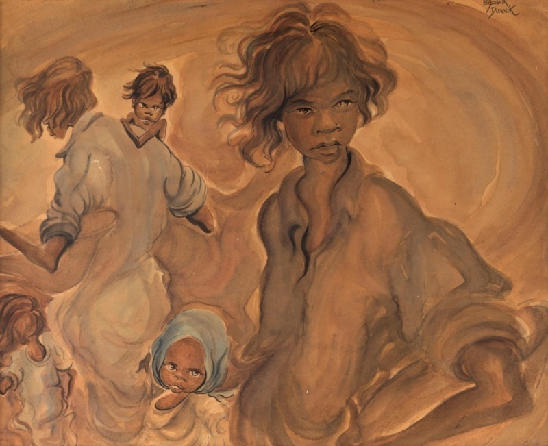 ELIZABETH DURACK (1915 - 2000) Aboriginal Children, watercolour, signed upper right, 48 x 58cm. Provenance: The Joyce Evans estate.