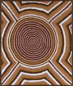 TOMMY LOWRY TJAPALTJARRI (Pintupi Tribe, Aboriginal), Untitled, acrylic on board, 46 x 38cm. Artist's statement and gallery number [#TL870244] verso. Provenance: The Joyce Evans estate.