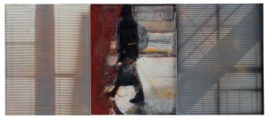 ROBERT BOYNES (b.1942), Walking through the Cross, Sydney, acrylic on canvas, 2012, signed, titled and dated verso, 50 x 122cm (triptych, mounted together). Accompanied by an original Brenda May Gallery exhibition card and still bearing the exhibition lab