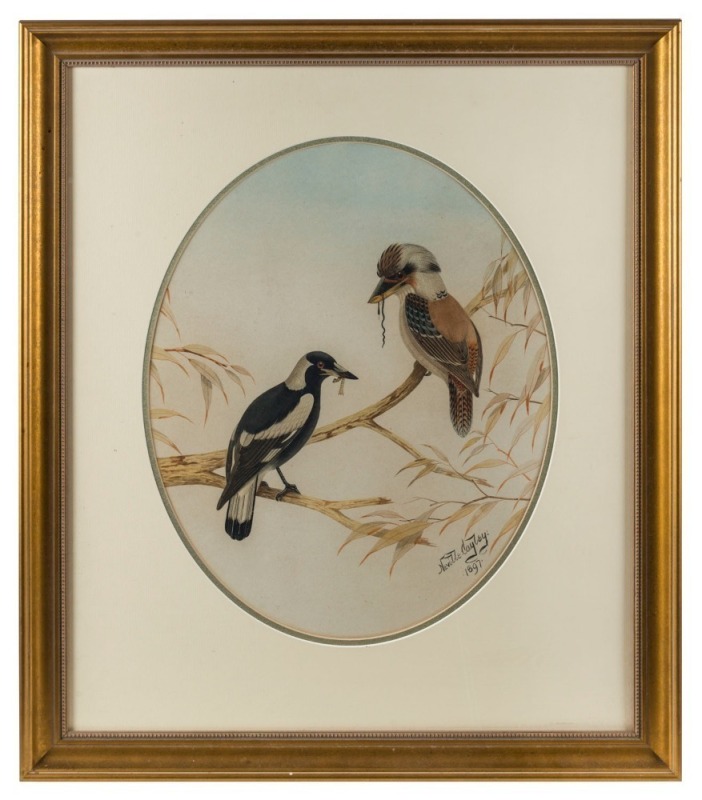 NEVILLE CAYLEY (1853-1903), (kookaburra and magpie), oval watercolour, signed lower right "Neville Cayley, 1897", 53 x 42cm, 84 x 70cm overall