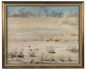 NEIL DOUGLAS (1911-2003), Silver Heat, oil on canvas, signed lower right "Neil Douglas", with title label "Silver Heat Boobnoke. Bushes of wonderful silver stuff on hot white ground show how far away was the last rain when the ground turns to a dark grey 