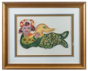 MIRKA MORA (1928-2018), (mermaid with duck), oil on fabric, signed lower left "M.M.", most likely created as a soft toy, 20 x 32cm, 44 x 54cm overall