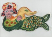 MIRKA MORA (1928-2018), (mermaid with duck), oil on fabric, signed lower left "M.M.", most likely created as a soft toy, 20 x 32cm, 44 x 54cm overall - 2