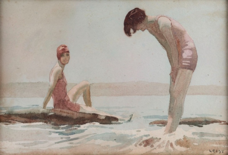 FREDRICK WILLIAM LEIST (1878-1945), (the bathers), watercolour, signed lower right "Leist", additional watercolour image verso, ​​​​​​​23.5 x 34cm, 42 x 52cm overall