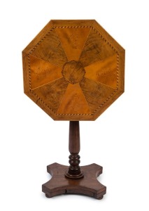 A provincial Tasmanian antique tilt-top occasional table, huon pine, musk, casuarina, hoop pine, cedar and blackwood, 19th century, stamped "Jm. Ferguson", 76cm high, 62cm wide, 62cm deep