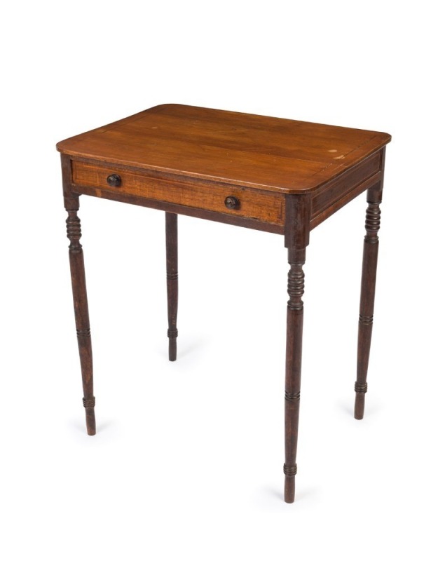 A Colonial Australian occasional table, single drawer with dummy drawer on reverse, blackwood, cedar and pine, Tasmanian origin, early 19th century, note: wood technology test conducted by Jugo Ilic. 73cm high, 61cm wide, 46cm deep