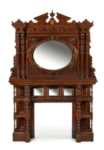 ROBERT PRENZEL (attributed) impressive fire surround and overmantle, carved blackwood, late 19th century. Originally made for Randal J. Alcock's house "Crossakiel" 26 Kooyongkoot Road, Hawthorn, Melbourne. an imposing 308cm high, 205cm wide, 40cm deep