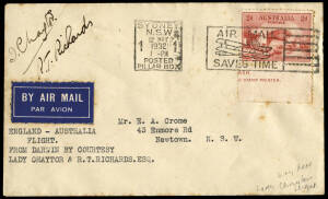 May 1932 (AAMC.252a) Darwin - Sydney cover, flown & signed by R.T. Richards and Lady I. Chaytor at the conclusion of their flight from England in a DH60GT "Miss Beefex". [Lady Chaytor was to have flown to Australia with Richards, however she became sick i