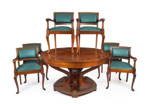 HARRY GOLDMAN impressive seven piece blackwood dining setting with five extension leaves and parquetry starburst top, circa 1920s, 77cm high, 140cm diameter, (340cm wide when extended)