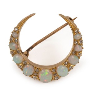 An impressive antique Australian 15ct yellow gold crescent brooch set with nine graduated solid domed cabochon opals interspersed with 20 diamonds (approximately 0.5ct), 19th/20th century, 3cm wide, 7.25 grams total. Accompanied by a Kosta Gold & Diamonds