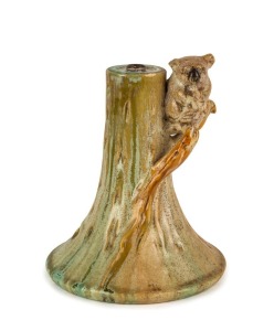 REMUED pottery table lamp base of tree stump form with applied koala and branch decoration, rare, incised "Remued 13/S3", 14.5cm high