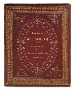 ROBERT HAWCRIDGE (New Zealand, 1866 - 1920) BICYCLE MANUFACTURING: A superb leather-bound and gilt titled, hand painted and illuminated presentation from the employees of the Massey Harris Company of New Zealand, to William Andrew Shields, September 1900,