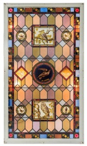 A stunning antique stained-glass window featuring Australian fauna including a kookaburra and a barn owl, circa 1880w. Originally made for a mansion in Grandview Grove in East Prahran, Melbourne. 174cm high, 98cm wide