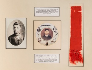 THE ARREST OF THE KELLY GANG, JUNE 1880 A substantial piece of the red scarf which belonged to Thomas Curnow's sister, Catherine. Curnow, the school teacher at Glenrowan, held a lighted candle behind it to indicate to the driver that he should stop the train carrying the police party as it approached Glenrowan where the Kelly gang had taken over the hotel. The Kellys had pulled up some rails, hoping to derail the train so that they could escape the police who were pursuing them.