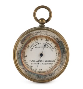 An antique pocket barometer with retailer's details on the dial "FLAVELLE BROS. & ROBERTS, Sydney & Brisbane", 19th century, 5.5cm high overall