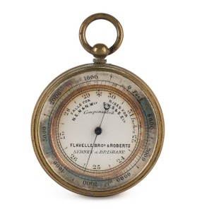 An antique pocket barometer with retailer's details on the dial "FLAVELLE BROS. & ROBERTS, Sydney & Brisbane", 19th century, ​​​​​​​5.5cm high overall