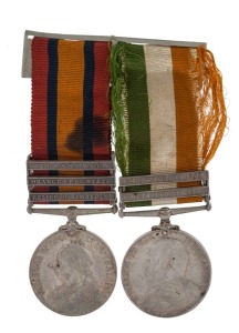 CAMPAIGN MEDALS: A Queen's South Africa Medal, 1899, with clasps for Transvaal, Orange Free State & Relief of Kimberley, awarded to 3424. TPR. V.T. BATTEN, KITCHENER'S H., suspended on a Liddell bar together with a King's South Africa Medal, with clasps f