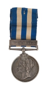 CAMPAIGN MEDAL AWARDED TO AN AUSTRALIAN SOLDIER: EGYPT Medal with SUAKIN 1885 clasp, awarded to "1205. GUN: J. CROMBIE. N.S.W. ARTY:" with part ribbon. The New South Wales Contingent, comprising just over 700 men, was the first government backed action a