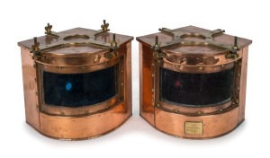 A pair of ship's lanterns, copper and brass, 19th/20th century, ex U.S. Navy, 33cm high, 33cm wide each overall