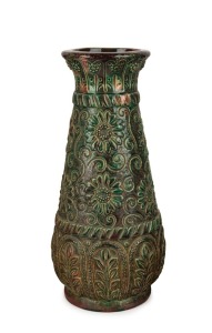 VICTORIA ART POTTERY (V.A.P.) impressive pottery vase with floral motif glazed in burgundy and green, impressed three times to the base "FERRY", 40.5cm high