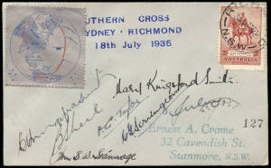 The Last Flight of the "Southern Cross" 18 July 1935 (AAMC.515) A cover (#127) carried from Mascot to Richmond, with special vignette showing the route the aeroplane had followed around the world; signed by Charles Kingsford Smith, Mary Kingsford Smith, P