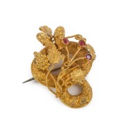 An antique Australian Colonial yellow gold brooch, set with red stones, circa 1860s, 3.5cm high, 3.2 grams - 2