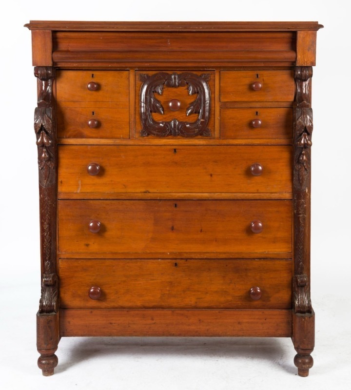 An antique Australian cedar chest of eight drawers with red pine secondary timbers and Baltic pine backboards, South Australian origin, 19th century, 145cm high, 118cm wide, 56cm deep