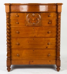 An antique huon pine eight drawer chest with serpentine front and barley twist full-length columns, 19th century, 147cm high, 116cm wide, 58cm deep