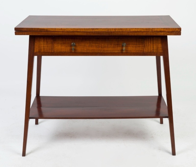 HARRY GOLDMAN (attributed) fiddleback blackwood fold-over card table, circa 1920s, ​​​​​​​79cm high, 91cm wide, 46cm deep