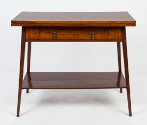 HARRY GOLDMAN (attributed) fiddleback blackwood fold-over card table, circa 1920s, 79cm high, 91cm wide, 46cm deep