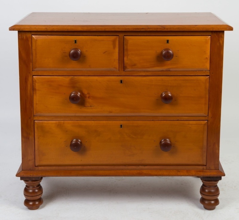 An antique Australian huon pine chest of four drawers, 19th century, 84cm high, 92cm wide, 50cm deep