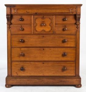 An antique Australian cedar chest of eight drawers with carved corbels, New South Wales origin, 19th century, 142cm high, 125cm wide, 59cm deep