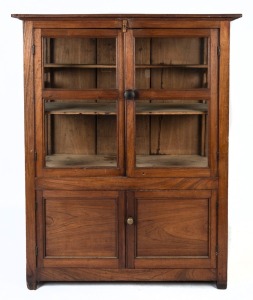 An antique Australian cedar pantry, New South Wales origin, 19th century, zinc replaced with glass, top has been painted, 148cm high, 118cm wide, 57cm deep