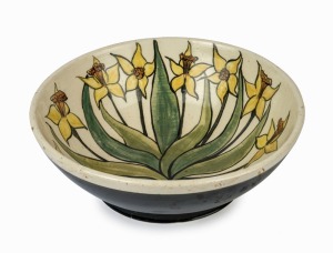 TOM & ELIZABETH SANDERS pottery fruit bowl with floral decoration, incised "Tom & Elizabeth Sanders, 1954", 12cm high, 33.5cm diameter