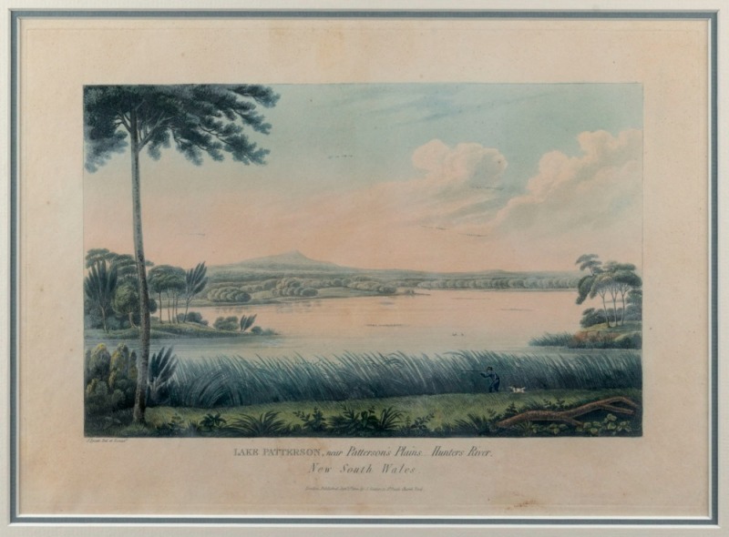 JOSEPH LYCETT (1775-1828), Lake Patterson, Near Patterson's Plains, Hunter River, 1824, hand-coloured aquatint, 24 x 33cm, 43 x 51cm overall