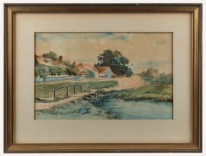 ERNEST BARRETT  Cottages by a stream, watercolour, signed lower left, 21 x 32.5cm; framed 35 x 46cm.