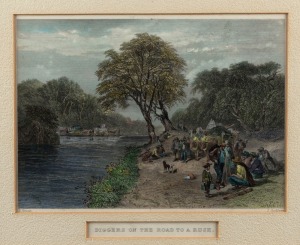 Two antique hand-coloured engravings: I.) Diggers On The Road To The Rush, II.) Gladstone, Queensland, 39 x 40cm each overall