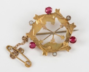 FEDERATION antique Australian "Southern Cross" brooch, 9ct yellow gold, seed pearl and red stones, late 19th century, stamped "9ct" with pictorial mark, 3.3cm wide, 3.75 grams