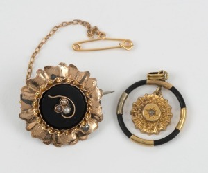An antique 9ct yellow gold and onyx brooch, set with seed pearls, together with an antique 9ct gold and onyx circular pendant set with a diamond, 19th century, the brooch 2.5cm wide, 5.7 grams total