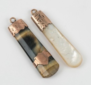 Two antique rose gold mounted fobs, mother of pearl and tiger eye, 19th century, the larger 4.7cm high